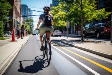 Obraz premium Rear view of a young woman riding a bicycle in the city, A person zipping through a dedicated bike lane on a stylish electric bicycle, AI Generated