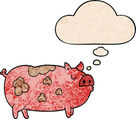 cartoon pig with thought bubble in grunge texture style