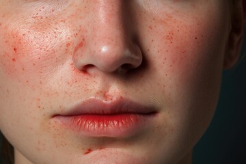 Fototapeta premium Portrait of a young woman with freckles on her face, A person's facial skin with visible redness and pustules, AI Generated