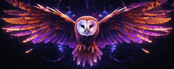 Raamstickers Purple neon owl on black background. graphic owl portrait in bright colors © Alena