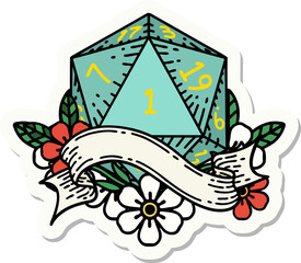 sticker of a natural one d20 dice roll