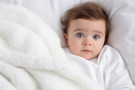 Cute little baby lying on white blanket, top view. Baby care concept, A photo of a baby lying in bed with a white blanket, AI Generated