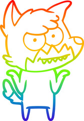rainbow gradient line drawing of a cartoon grinning fox