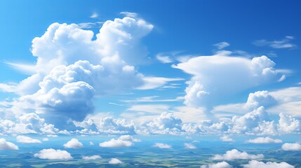 clear sky with lush clouds of various shapes and shades. Skies with pure shades of blue and white. Banner with copy space