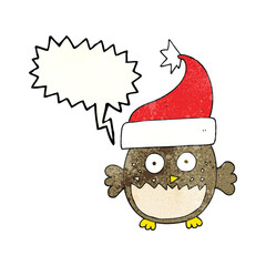 freehand speech bubble textured cartoon owl wearing christmas hat