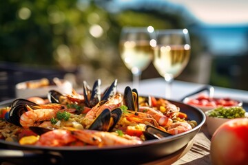Traditional spanish paella with seafood served in a plate with white wine in a restaurant
