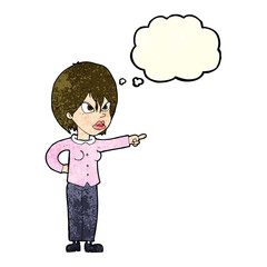 cartoon woman accusing with thought bubble