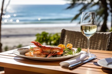 Large grilled shrimp and white wine in a glass on a table in a restaurant by the sea