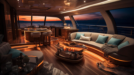 Luxury interior design of modern yacht in style of “Old money”, on the background of the night...