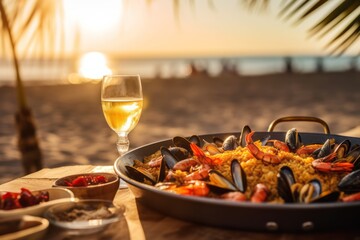 Traditional spanish paella with seafood served in a pan on the table in a restaurant on the beach - obrazy, fototapety, plakaty
