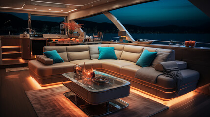 Luxury interior design of modern yacht in style of “Old money”, on the background of the night ocean - obrazy, fototapety, plakaty