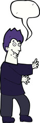 cartoon vampire waving hands with speech bubble
