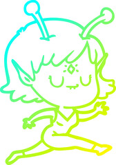 cold gradient line drawing of a cartoon alien girl jumping