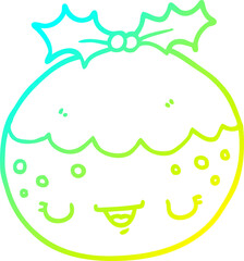 cold gradient line drawing of a cute cartoon christmas pudding