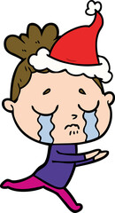 hand drawn line drawing of a crying woman wearing santa hat