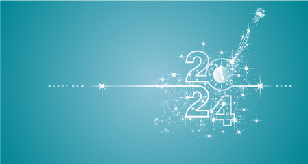New Year 2024 countdown line design firework champagne white sea green blue background vector