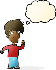 cartoon man giving peace sign with thought bubble