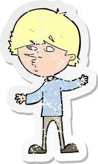 retro distressed sticker of a cartoon curious man