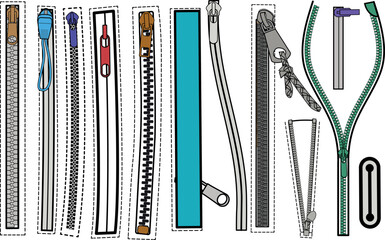 Zip fastener with Zipper puller flat sketch vector illustrator. Set of water proof invisible Zip pocket types for Shorts, Pants, dress garments, bags, jackets Clothing and Accessories © Fathima Flats