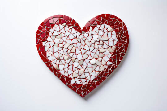 Heart made of pieces of multicolored ceramics on light background Valentine day concept for design. Symbols of love for Happy Women's, Mother's, birthday greeting card design. Copy space.