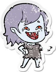 distressed sticker of a cartoon laughing vampire girl