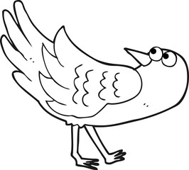 freehand drawn black and white cartoon bird