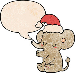 cute christmas elephant with speech bubble in retro texture style