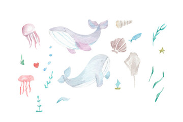 Under sea watercolor illustration. Fun illustration for kids. Whale, meduza, starfish, ship, fish