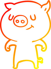 warm gradient line drawing of a happy cartoon pig