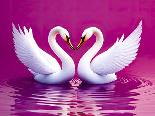 Two swans in love. Minimal 3D illustration, red and purple colors. Generative AI