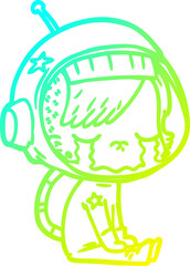 cold gradient line drawing of a cartoon crying astronaut girl sitting