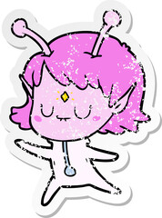 distressed sticker of a cartoon alien girl