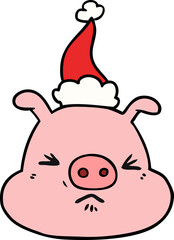 hand drawn line drawing of a angry pig face wearing santa hat