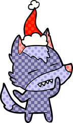 hand drawn comic book style illustration of a wolf showing teeth wearing santa hat