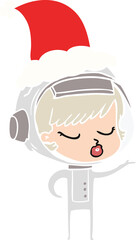 hand drawn flat color illustration of a pretty astronaut girl wearing santa hat