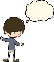 cartoon boy with outstretched arms with thought bubble