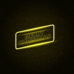 Merry Christmas square banner with neon greeting text and night stars and lights. Merry Christmas flyer, card or invitation with starry space and text