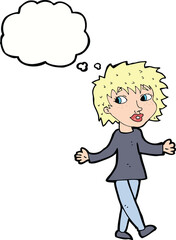 cartoon woman with no worries with thought bubble