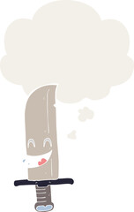 cartoon laughing knife with thought bubble in retro style