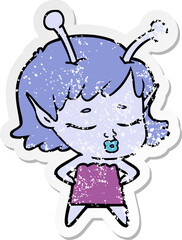 distressed sticker of a cute alien girl cartoon