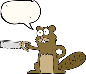 freehand drawn speech bubble cartoon beaver with saw