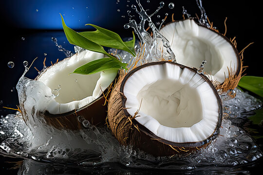 Tropical freshness, An open coconut with splashes a vibrant stock photo capturing the refreshing allure of the tropics with every splash of water.