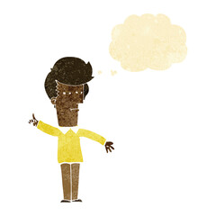 cartoon man narrowing eyes with thought bubble