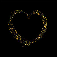 Confetti with gold glitter in the shape of a heart on a black background. Shiny particles and sand are scattered. Decorative element, golden heart. Luxury holiday background, vector