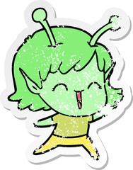 distressed sticker of a cartoon alien girl laughing