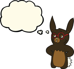 cartoon rabbit wearing spectacles with thought bubble