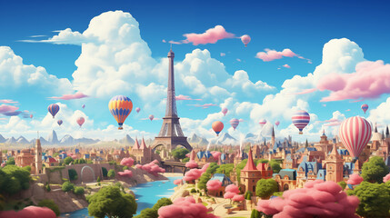 Landscape of Paris city in style of 3D cartoon design 80s