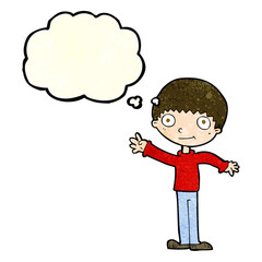 cartoon happy waving boy with thought bubble