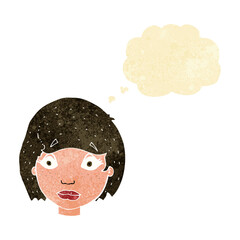 cartoon worried female face with thought bubble