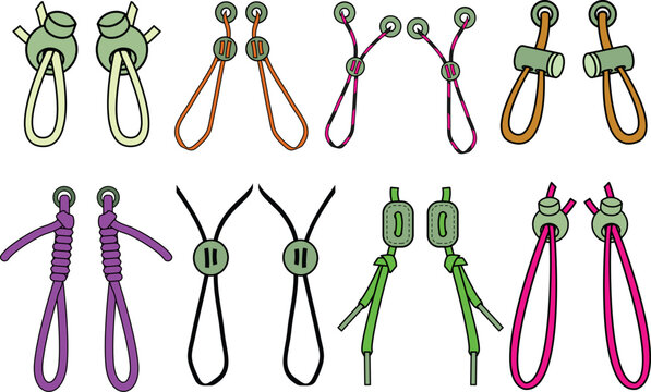 Drawstring cord stopper flat sketch vector illustrator. Set of Draw string lock slider toggles fastener for bags, back backs, jackets, Shorts. Plastic Drawcord lock end toggle to pulled or tighten